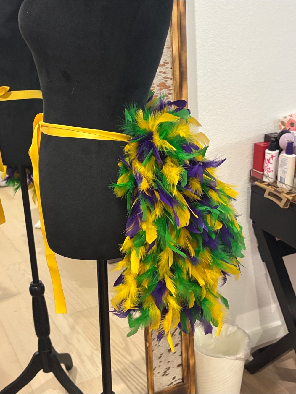 Custom feather bustle - Green, Yellow & Purple